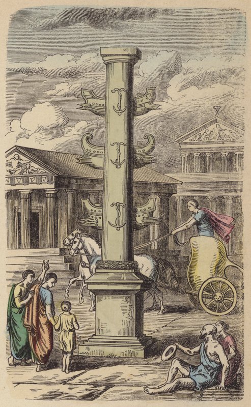 Zuil ter herdenking van een Romeinse zege (gekleurde gravure) door German School