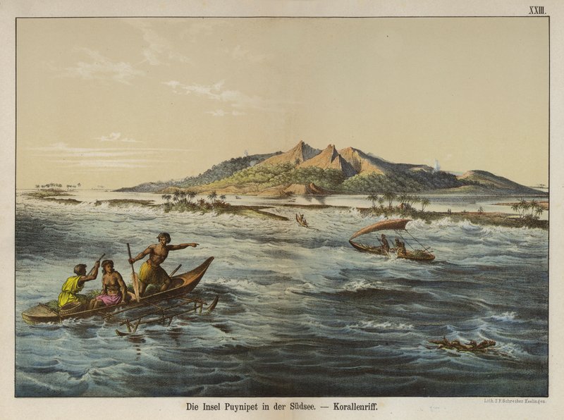 Koraalrif bij Puynipet eiland (Pohnpei), Caroline-eilanden (kleur litho) door German School