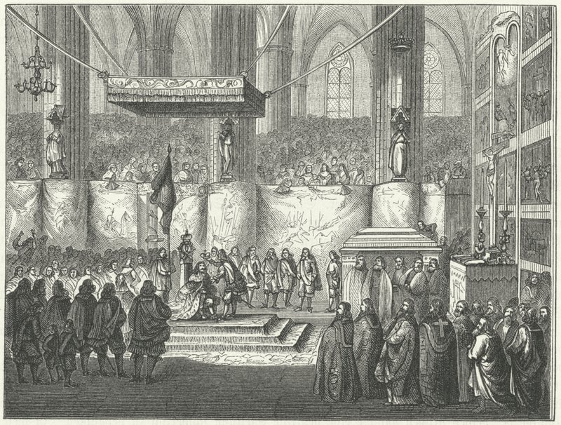 Kroning van Karel X Gustaaf van Zweden in de kathedraal van Uppsala door German School