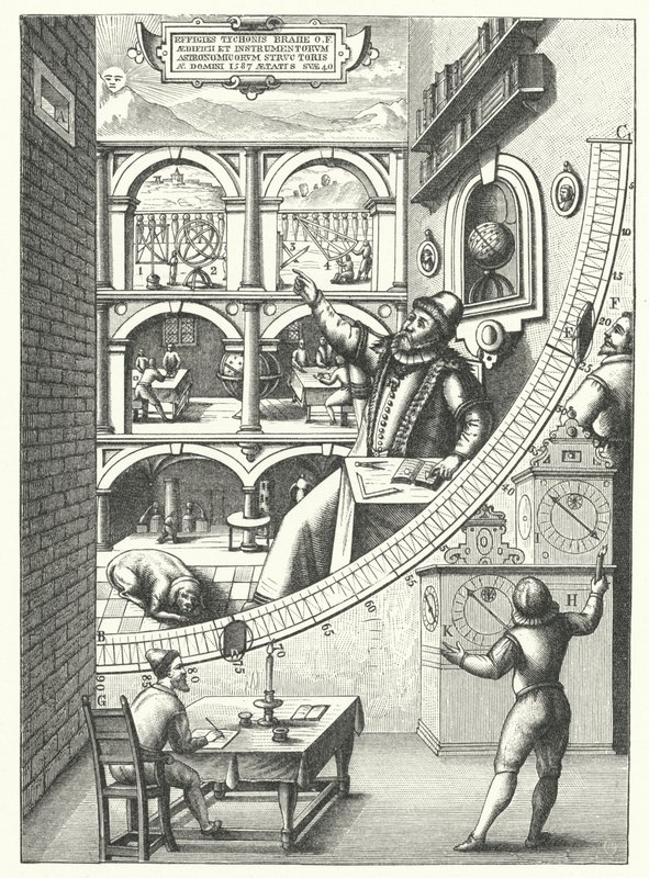 De muurschijf van de Deense astronoom Tycho Brahe in zijn observatorium in Uraniborg, Hven, Denemarken door German School