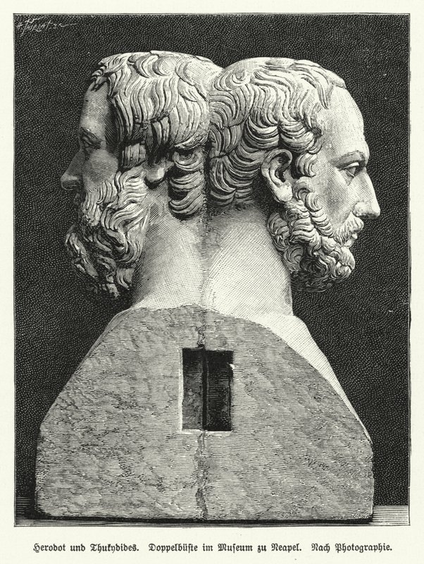 Dubbele buste van Herodotus en Thucydides, oude Griekse historici door German School
