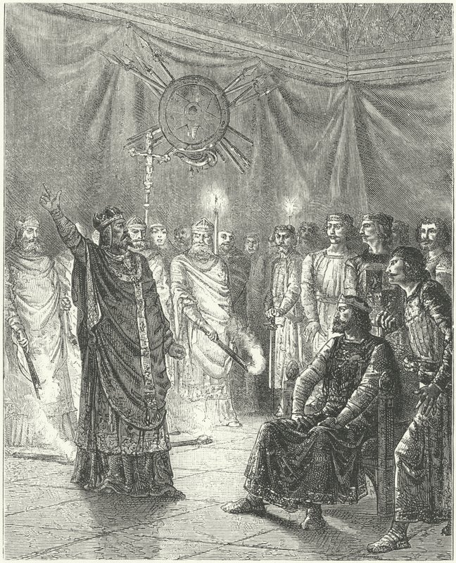 Edmund Rich, aartsbisschop van Canterbury, dreigt koning Hendrik III met excommunicatie door German School