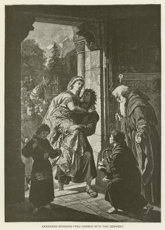 Ekkehard brengt Frau Hadwig naar het klooster (gravure) door German School