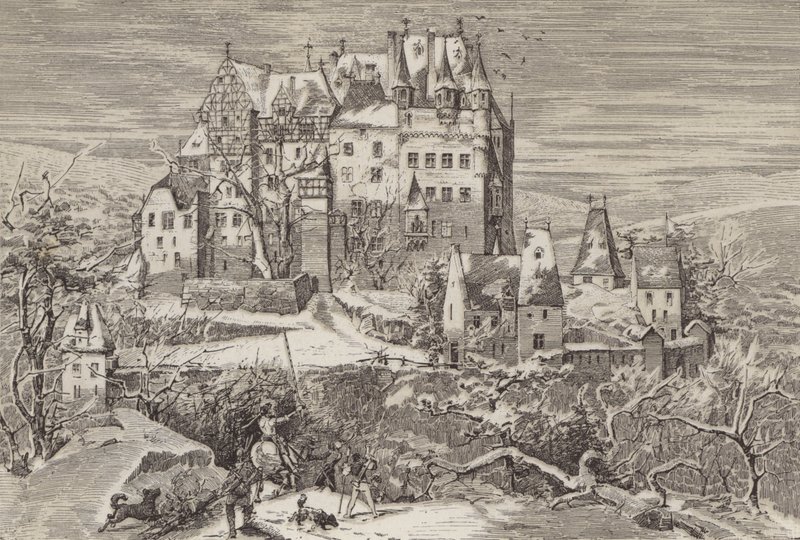 Eltz Kasteel, in de heuvels boven de Moezelrivier, Duitsland, zoals het eruitzag aan het einde van de 16e eeuw door German School