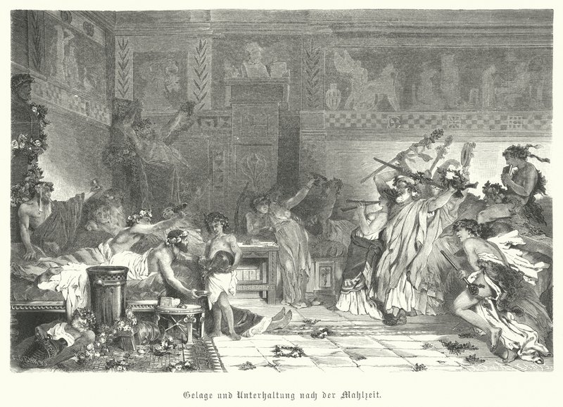Vermaak na de maaltijd op een Romeins feest (gravure) door German School