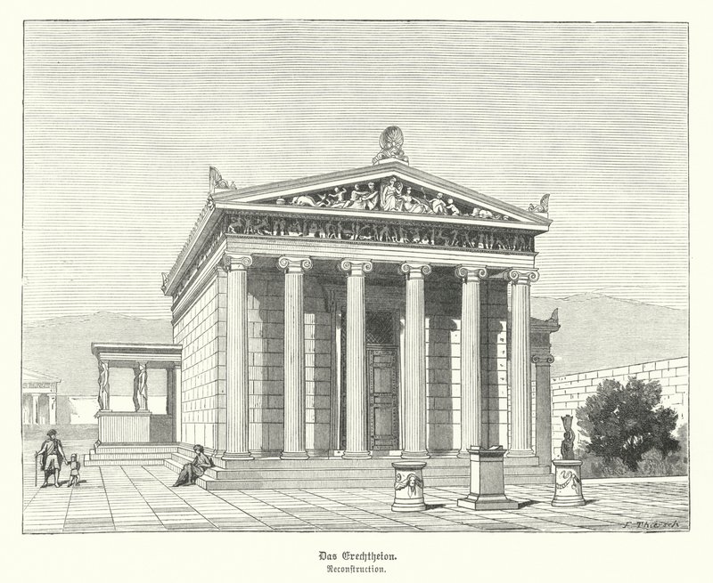 Erectheion, tempel gewijd aan Athena en Poseidon op de Akropolis, Athene, Oud-Griekenland (gravure) door German School