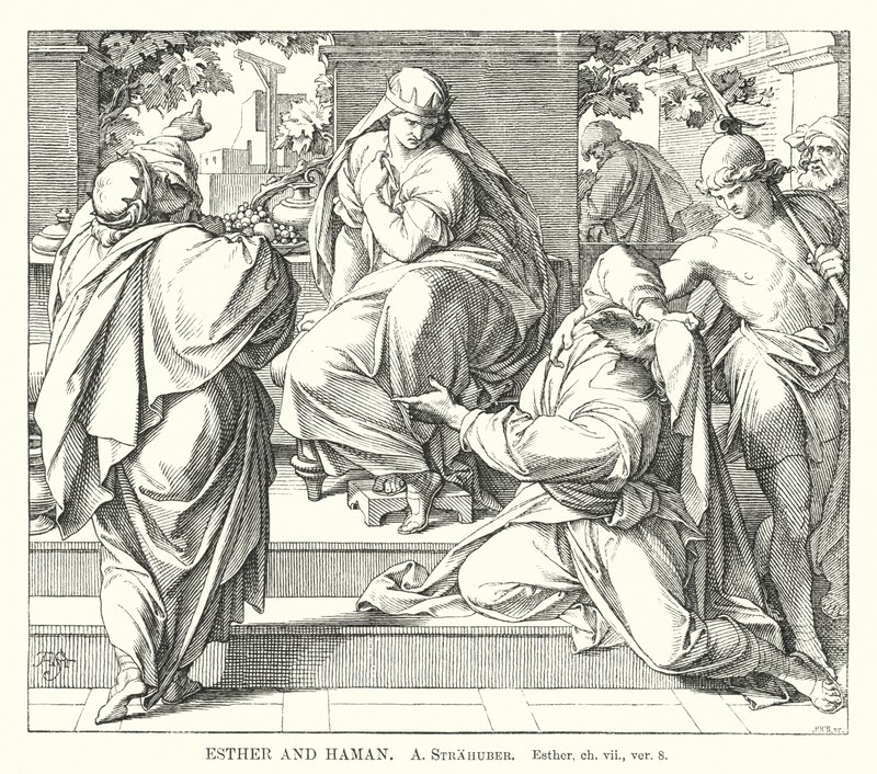 Esther en Haman, Esther, hfst. vii, vers 8 (gravure) door German School