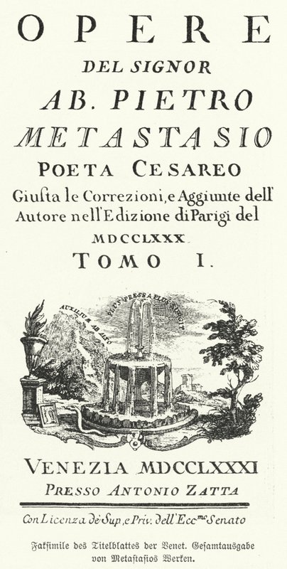 Facsimile van de titelpagina van een Venetiaanse editie van de verzamelde werken van de Italiaanse dichter en librettist Pietro Metastasio door German School