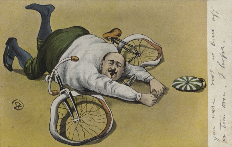 Dikke man, gevallen van zijn fiets (kleur litho) door German School