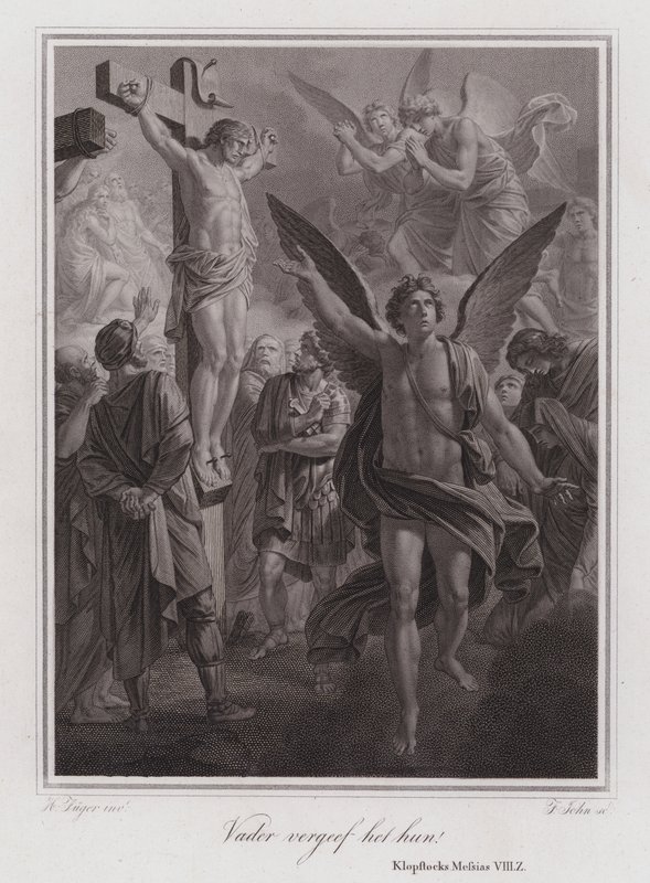 Vader vergeef hen! Christus aan het kruis (gravure) door German School