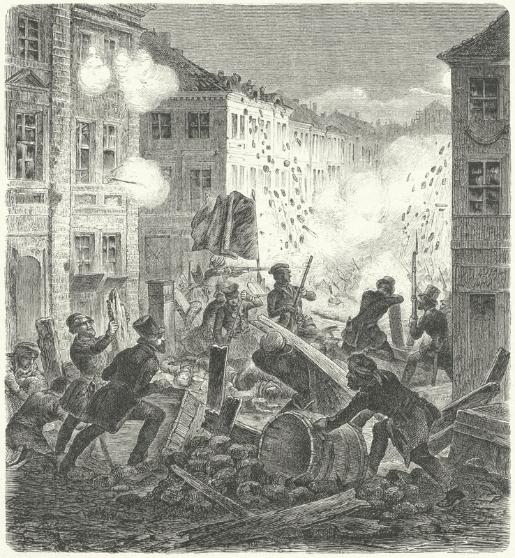 Gevechten bij een barricade voor het Colln-stadhuis, Berlijn, Revolutie van 1848 (gravure) door German School