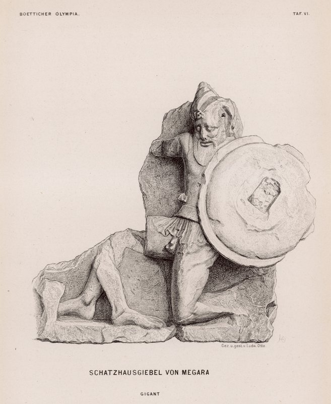 Figuur van een reus van het fronton van de Schatkamer van Megara, Olympia, Griekenland (gravure) door German School