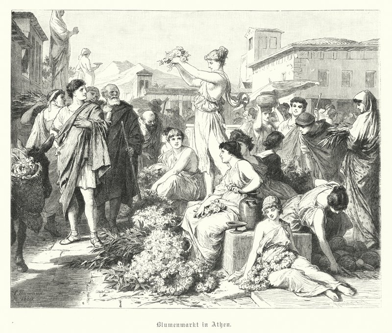 Bloemenmarkt in Athene, Oud Griekenland door German School