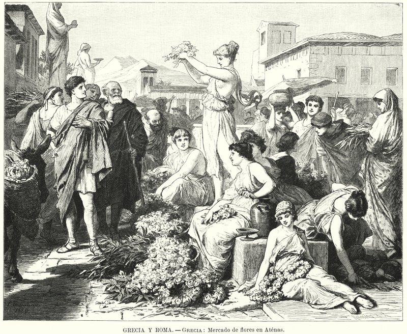 Bloemenmarkt in Athene, Oud-Griekenland door German School