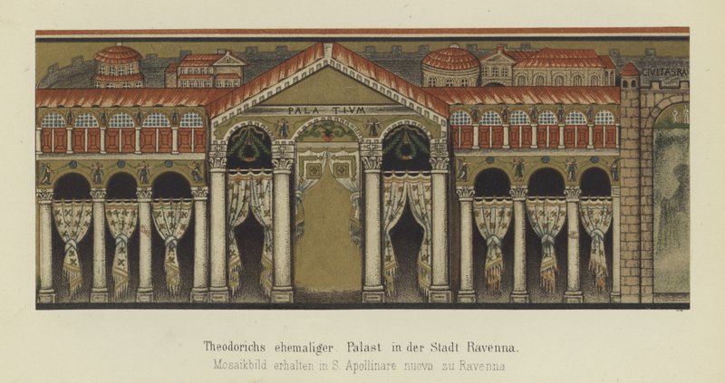 Voormalig paleis van Theoderik de Grote, koning van de Ostrogoten, in Ravenna, Italië (kleur litho) door German School