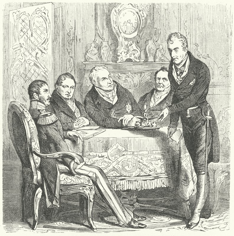 Frederik Willem III van Pruisen in gesprek met zijn premier Karl August von Hardenberg en Klemens von Metternich, de Oostenrijkse minister van Buitenlandse Zaken (gravure) door German School