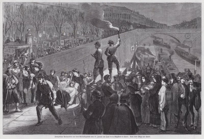 Franse soldaten gewond in de laatste mislukte poging om uit de belegering van Parijs te breken, aankomend bij de Quai de la Megisserie, Frans-Pruisische Oorlog, januari 1871 door German School