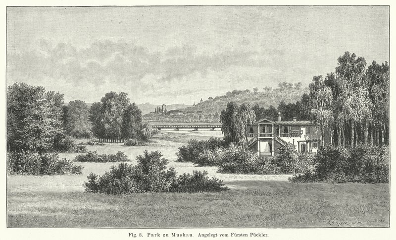 Tuinontwerp: Muskau Park, Duitsland, aangelegd door Prins Hermann von Pueckler-Muskau (gravure) door German School