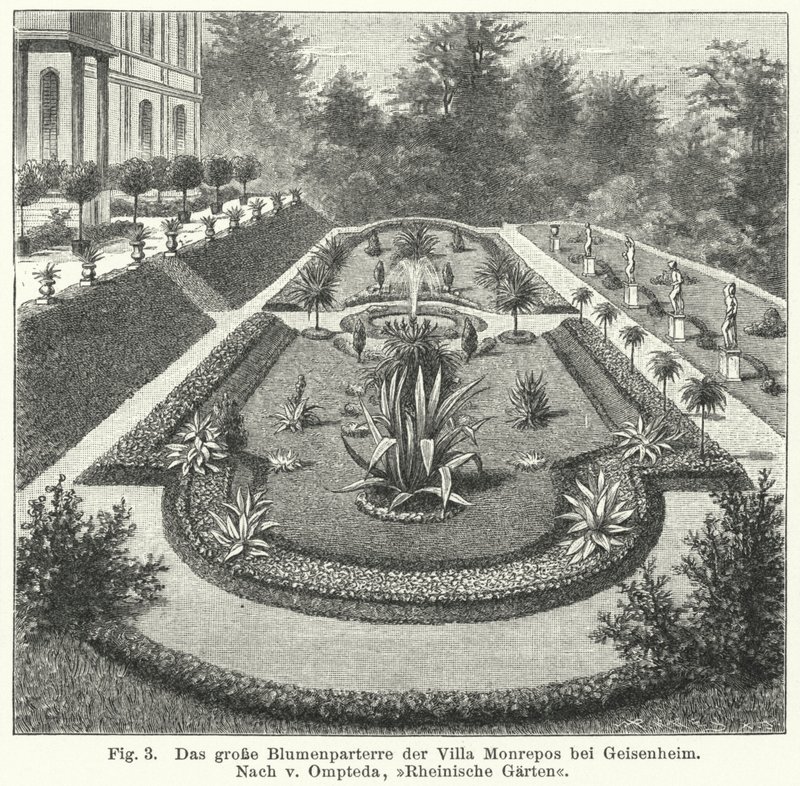 Tuinontwerp: groot parterre bij Monrepos, landgoed van bankier en amateurastronoom Heinrich Eduard von Lade, Geisenheim, Duitsland (gravure) door German School