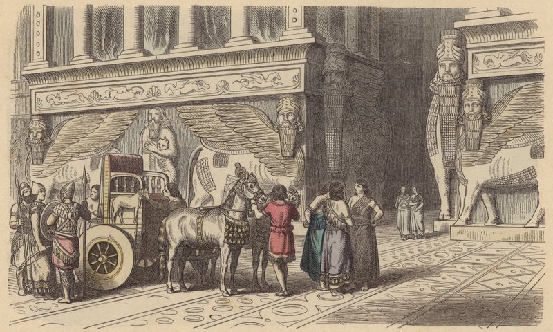 Poort naar een Assyrisch paleis (gekleurde gravure) door German School