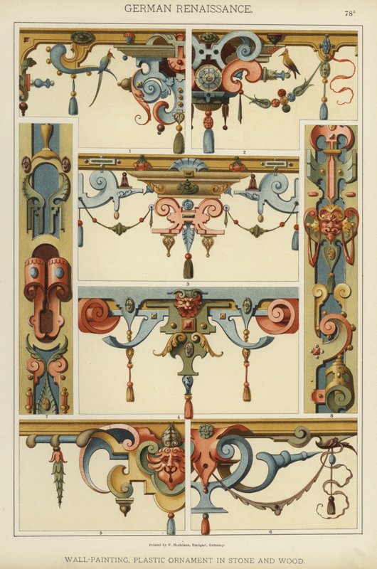 Duitse Renaissance, Muur-Schildering, Plastisch Ornament in Steen en Hout door German School