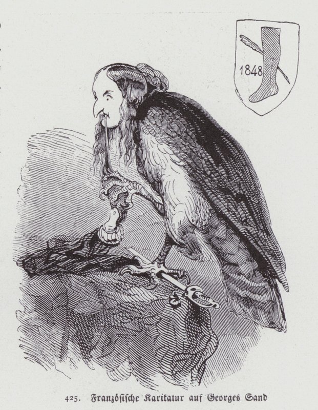 Duitse karikatuur van de 19e-eeuwse Franse romanschrijfster George Sand (litho) door German School