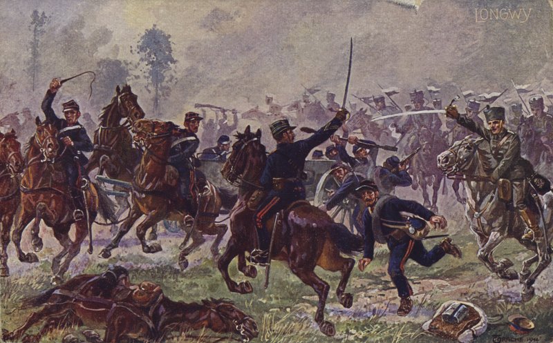 Duitse huzaren veroveren Franse kanonnen bij Longwy, Eerste Wereldoorlog, 22 augustus 1914 (kleurenlitho) door German School