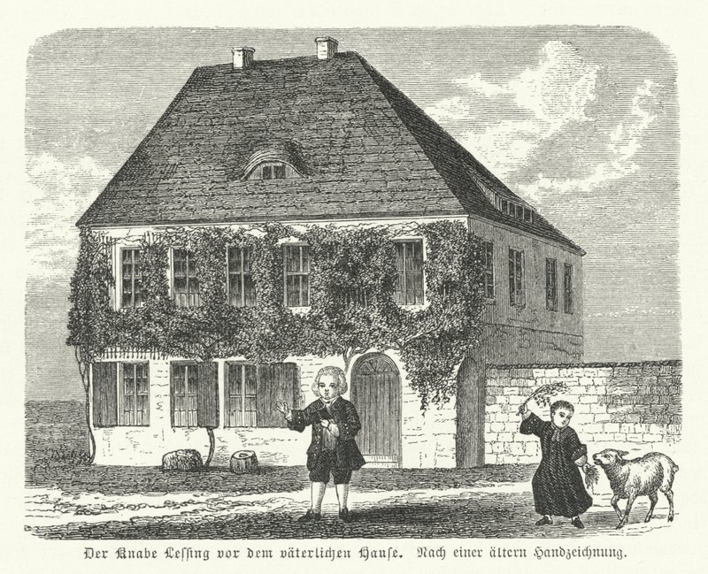 Duitse filosoof en dramaturg Gotthold Ephraim Lessing buiten het huis van zijn vader in Kamenz als jongen door German School