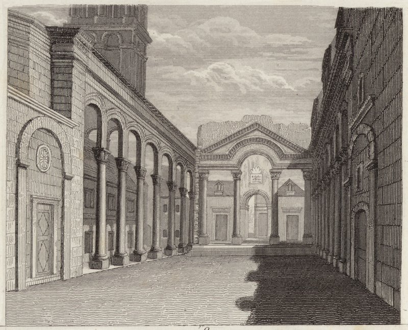 Hal van het paleis van de Romeinse keizer Diocletianus, Spalato (Split, Kroatië). Illustratie voor Bilder-Atlas door German School