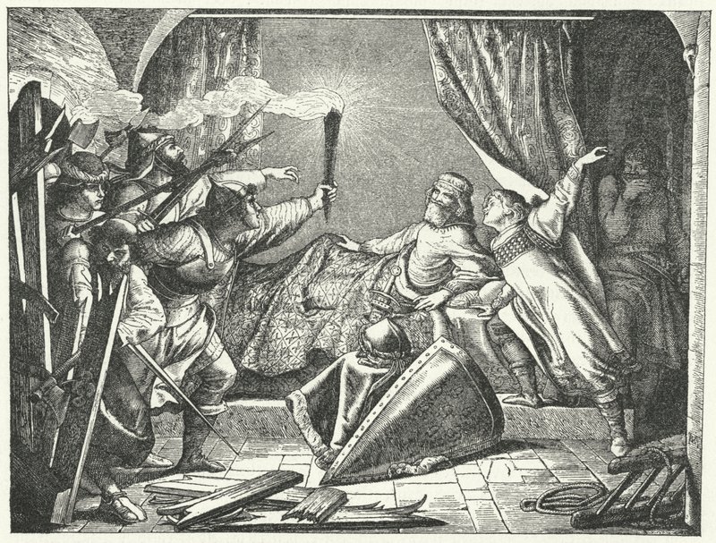 Hartmann van Siebenich vermomd als Frederik Barbarossa om de keizer te laten ontsnappen uit Susa, Italië door German School