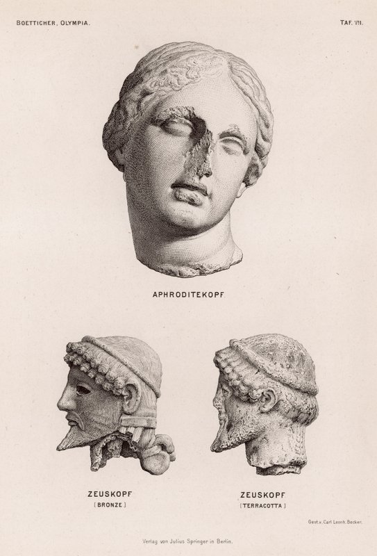 Hoofden van Aphrodite en Zeus uit Olympia, Griekenland door German School