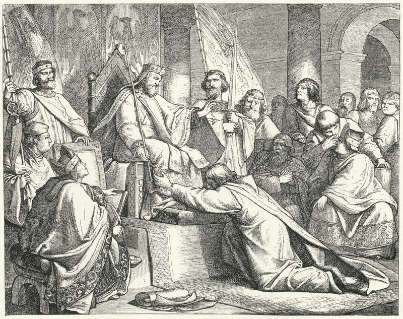 Hendrik de Leeuw, hertog van Saksen, onderwerpt zich aan Frederik Barbarossa in Erfurt door German School