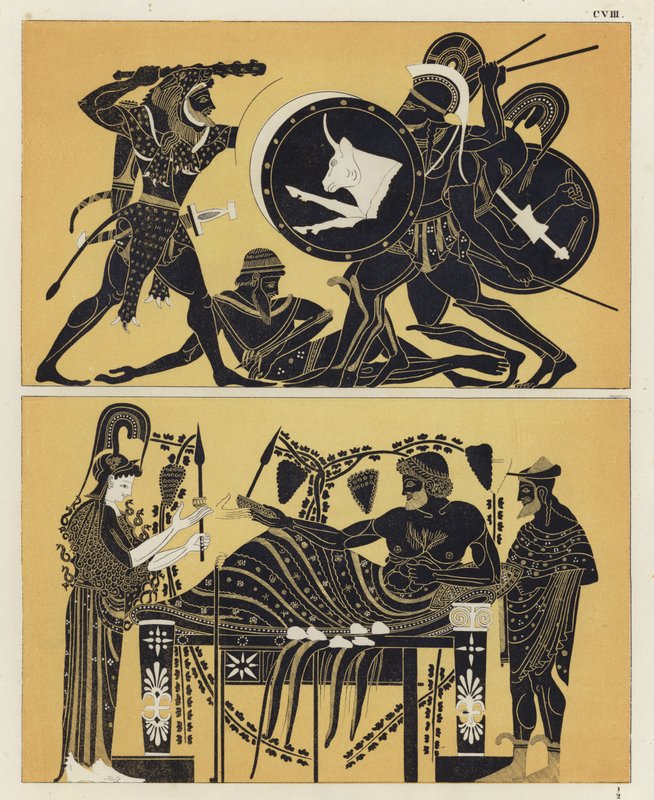 Hercules vecht tegen Geryon en Geryon met Athena en Dionysos door German School