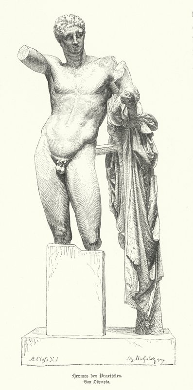 Hermes en de baby Dionysus, standbeeld door de Oud-Griekse beeldhouwer Praxiteles ontdekt in de ruïnes van de Tempel van Hera, Olympia door German School