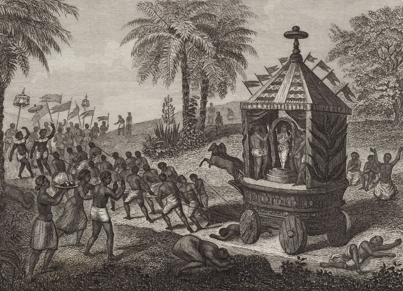 Hindoe-aanbidders trekken een wagen van Juggernaut in het oude India. Illustratie voor Bilder-Atlas (gravure) door German School