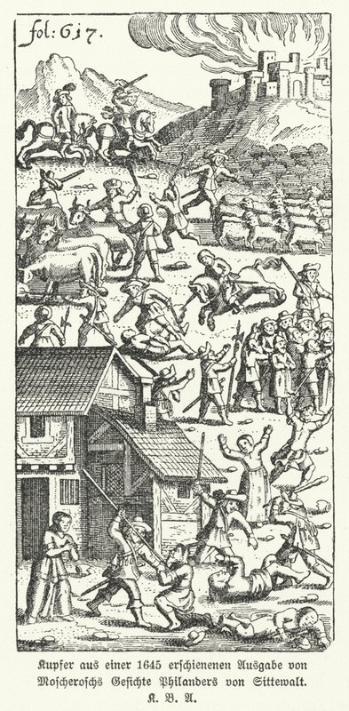 Illustratie uit een editie van 1645 van het satirische werk Wunderliche und Wahrhafftige Gesichte Philanders von Sittewald van de Duitse schrijver Johann Michael Moscherosch (litho) door German School