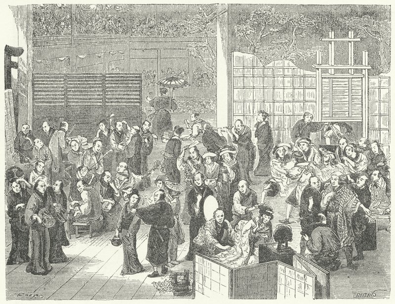 In de kleedkamer van een Japans theater (gravure) door German School