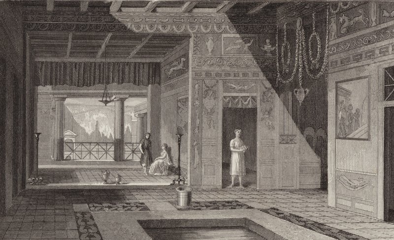 Interieur van een Romeins huis in Pompeii. Illustratie voor Bilder-Atlas door German School