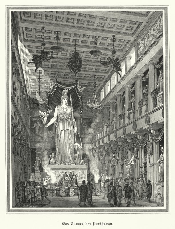 Interieur van het Parthenon, Athene, met het kolossale standbeeld van de Griekse godin Athena door German School