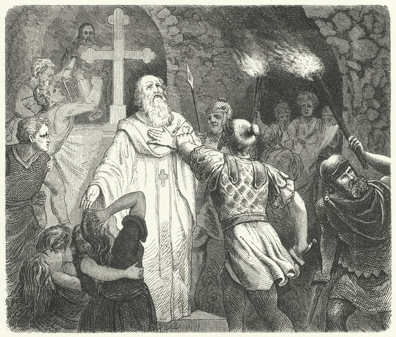 Onderbreking van een christelijke dienst in de Romeinse catacomben (gravure) door German School
