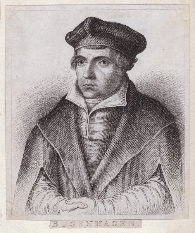 Johannes Bugenhagen (Doctor Pomeranus), Duitse priester en theoloog die de protestantse reformatie introduceert in Pommeren en Denemarken (gravure) door German School