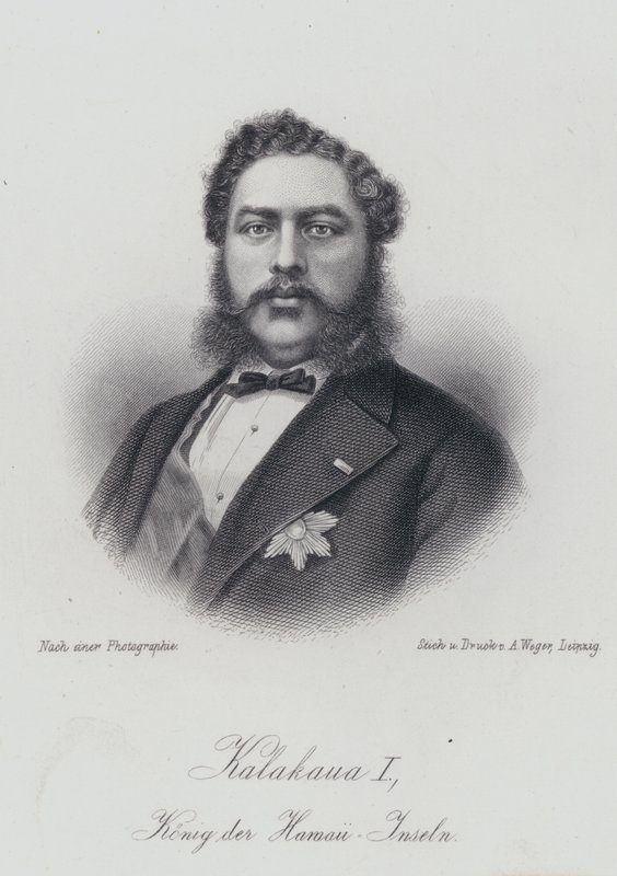 Kalakaua I, koning van de Hawaiiaanse eilanden (gravure) door German School