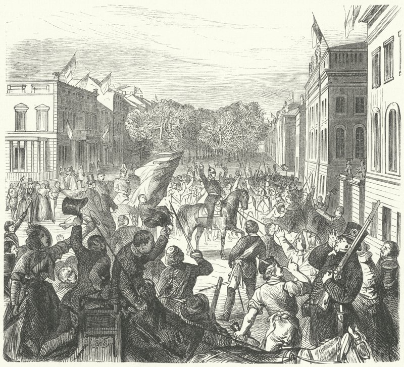 Koning Frederik Willem IV van Pruisen rijdt langs de Universiteit van Berlijn op weg naar een massale begrafenis van burgers die zijn omgekomen bij rellen, 21 maart 1848 (gravure) door German School