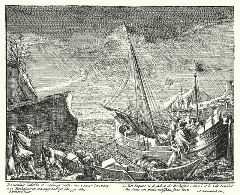 Koning Jacobus II vlucht uit Engeland, verlaat Rochester in een kleine boot door German School