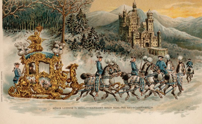Koning Ludwig II van Beieren op weg naar kasteel Neuschwanstein in een gouden slee (chromolitho) door German School