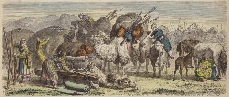 Kirghizische nomaden zetten hun kamp op in Zuid-Siberië (gekleurde gravure) door German School