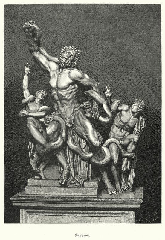 Laocoön en zijn zonen, oude Griekse of Romeinse sculptuur opgegraven in Rome in 1506 (gravure) door German School