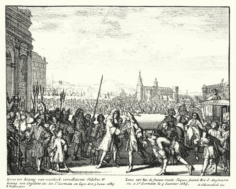 Lodewijk XIV van Frankrijk verwelkomt Jacob II van Engeland in ballingschap door German School