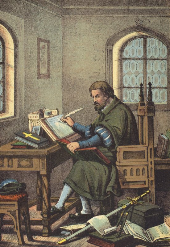 Luther vermomd als Junker Jorg in Wartburg vertaling van het Nieuwe Testament (chromolitho) door German School