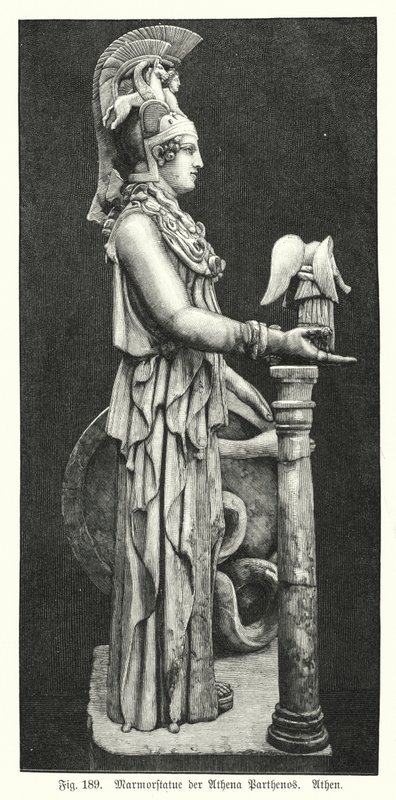 Marmeren standbeeld van de oude Griekse godin Athena, van het Parthenon, Athene (gravure) door German School